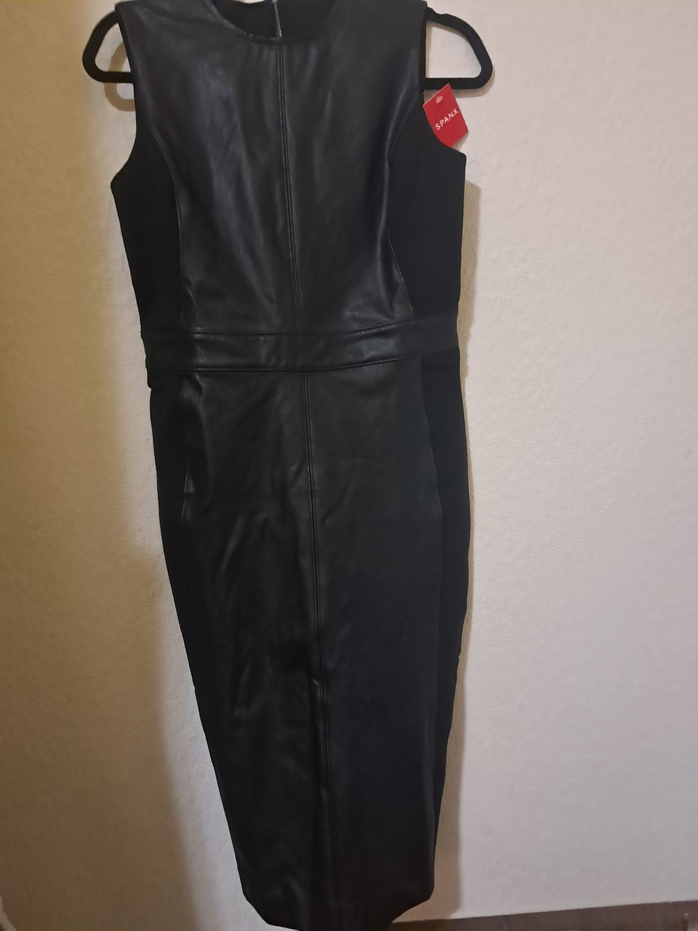 SPANX Black Faux Leather Midi Sheath Dress
